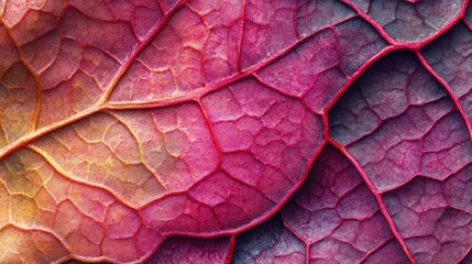 Fototapeta premium Close-up of a Red and Purple Leaf's Veins and Texture