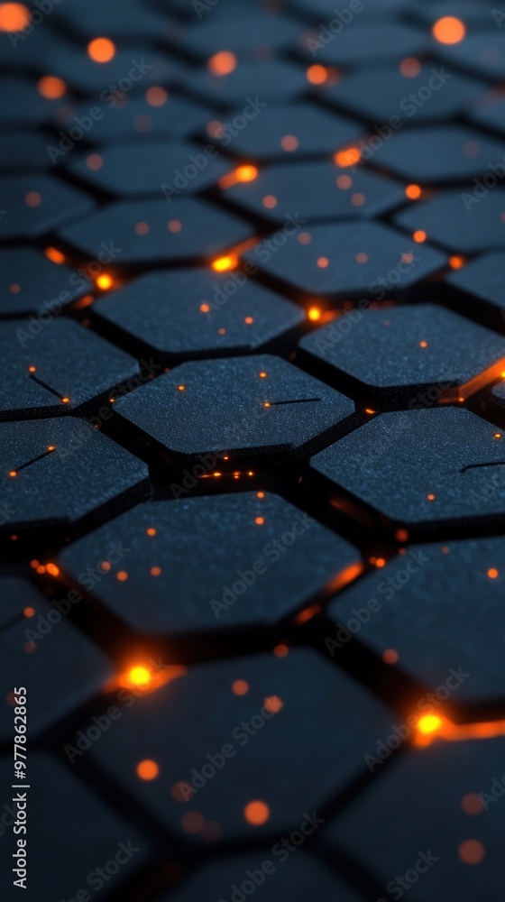 Poster a dark patterned surface with hexagons and vibrant glowing embers adds depth and intrigue