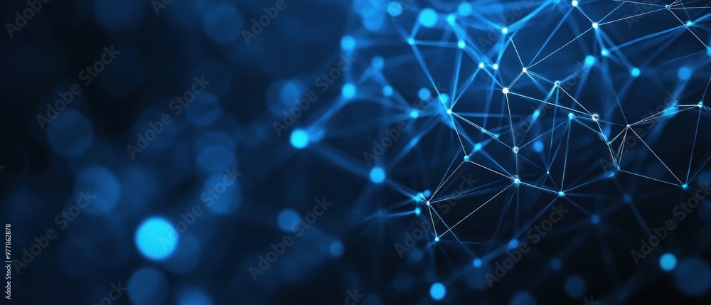 Poster a deep blue background showcases interconnected nodes and lines, representing data flow in a technol