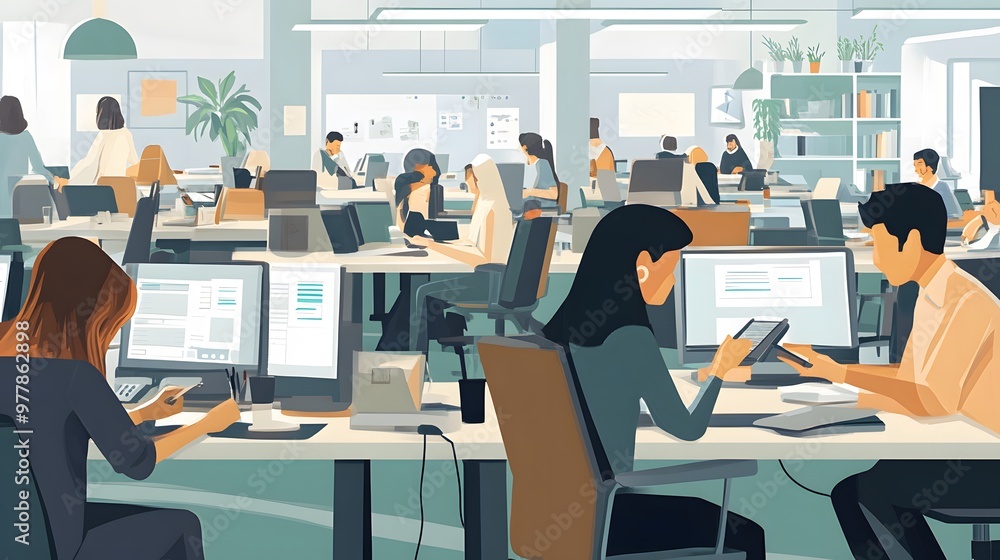 Poster a modern office setting with multiple people working on computers
