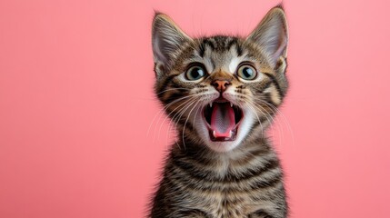 Obraz premium A curious tabby kitten opens its mouth in a big yawn, showcasing its playful nature and vibrant personality