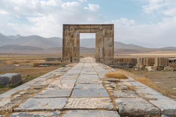 Fototapeta premium Wander through the remnants of Pasargadae, where stone pathways lead to a monumental entrance, revealing the vastness of ancient Persian civilization and its remarkable architecture