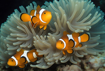 Symbiotic relationship close-up with clownfish and coral reef