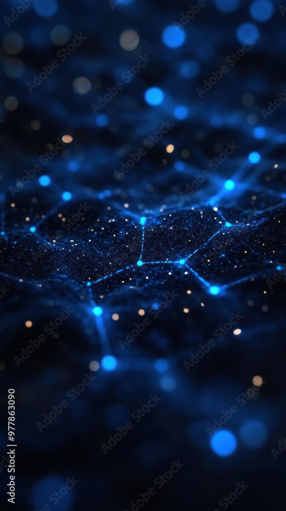 Poster a bright blue web of glowing particles connects in a dark space, creating a feeling of digital depth