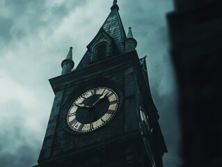 A Low Angle View of a Weathered Clock Tower Against a Stormy Sky