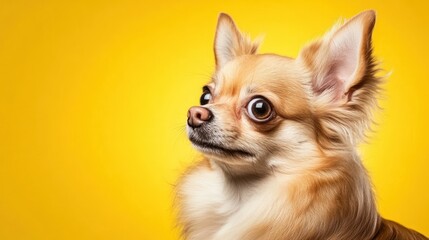 Obraz premium A chihuahua gazes curiously at the viewer, standing out against a bright yellow background that highlights its features