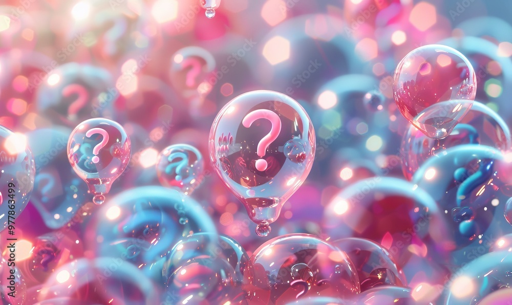 Poster Many questions in bubbles, surrounded by question marks.
