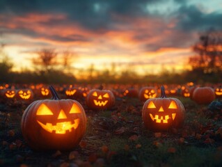 Lit Jack-o'-Lanterns in a Field at Sunset