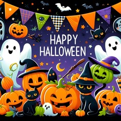 Fototapeta premium Halloween illustration featuring ghosts, pumpkins, black cats, and decorations against a night sky