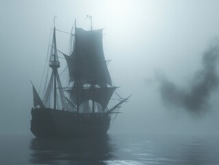 Obraz premium A Silhouette of a Sailboat in a Misty Sea