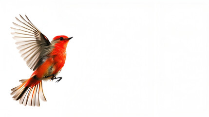 A bright vermilion flycatcher hovering mid-air on a white background with copy space, wings flapping quickly