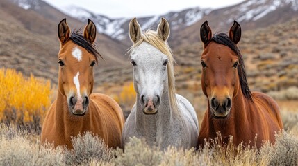 Three horses of different colors stand side by side in a picturesque valley, surrounded by mountains and fall scenery