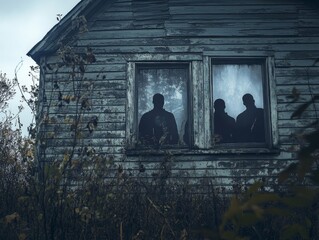 Three Silhouettes in a Window of an Old Wooden House