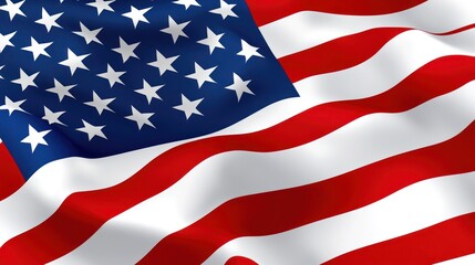 Fototapeta premium The American flag flutters proudly in the wind, displaying its iconic red, white, and blue colors against a clear sky