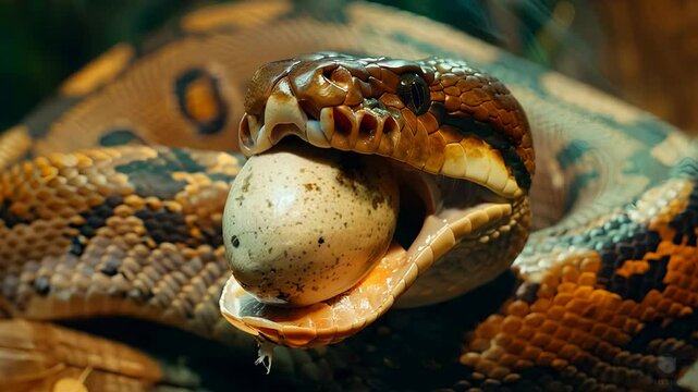 A boa constrictor captures and swallows a large egg in its natural tropical habitat. Watch as this powerful snake demonstrates its incredible feeding behavior.