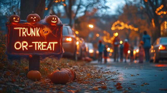 Halloween - trick or treat - sign that reads “TRUNK-OR-TREAT” - kids walking by cars - candy - costumes - festival 