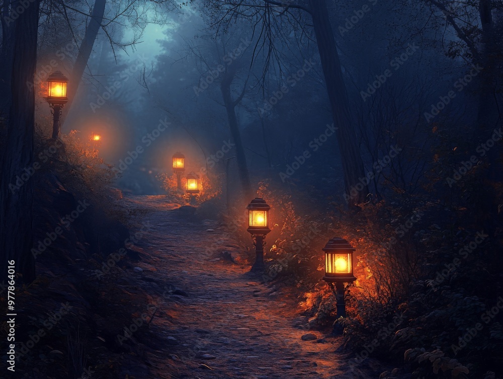 Poster A Misty Forest Path Illuminated by Glowing Lanterns