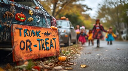 Halloween - trick or treat - sign that reads &ldquo;TRUNK-OR-TREAT&rdquo; - kids walking by cars - candy - costumes - festival 