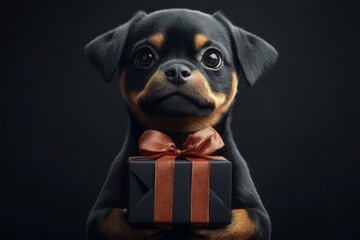 A cartoon style brutal dog holds a black gift box against a dark black background in an ultrarealistic detailed concept