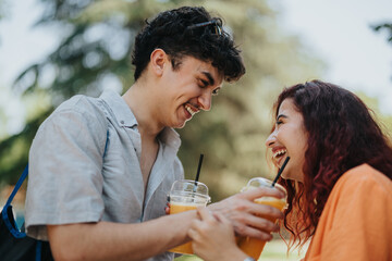 Two friends share a laugh while enjoying fresh juice outside in a park on a sunny day, capturing a moment of happiness and connection.