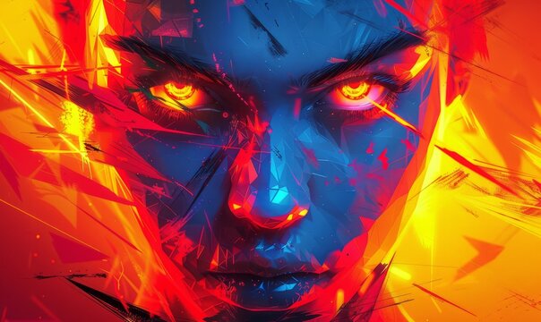 highly abstract polygonal art hollogram girl, futuristic cyberpunk style, neon, raw intense anger