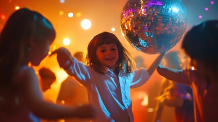 Kids dancing under a disco ball at a birthday party with bright lights and music creating a lively atmosphere.