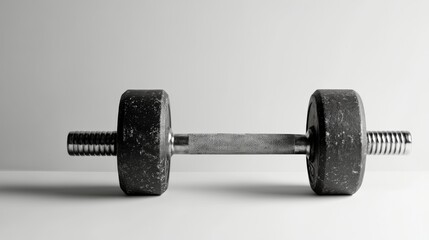 Naklejka premium This durable black dumbbell rests on a plain background, perfect for home workouts