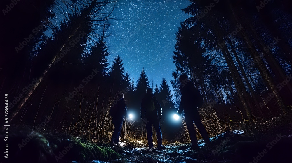 Wall mural kids exploring a forest at night using flashlights to illuminate the path while glancing up at the s