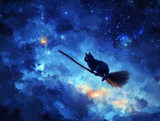 Fototapeta premium Black Cat Flying on a Broom Through a Starry Night