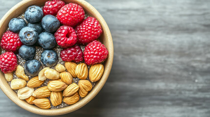Top-down view of a breakfast bowl with fresh berries, nuts, and chia seeds, arranged like a mandala