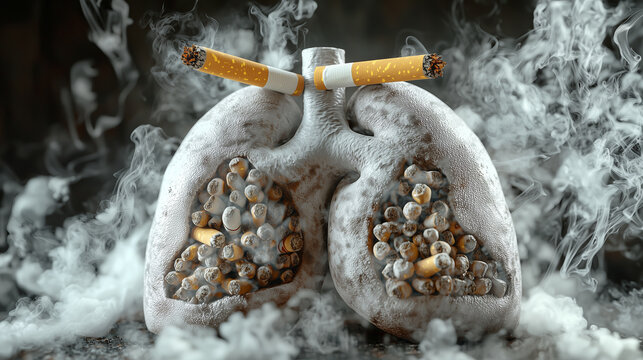 Two realistic human lungs, filled with smoke from cigarettes. Symbolizing the detrimental effect on a healthy. High detail