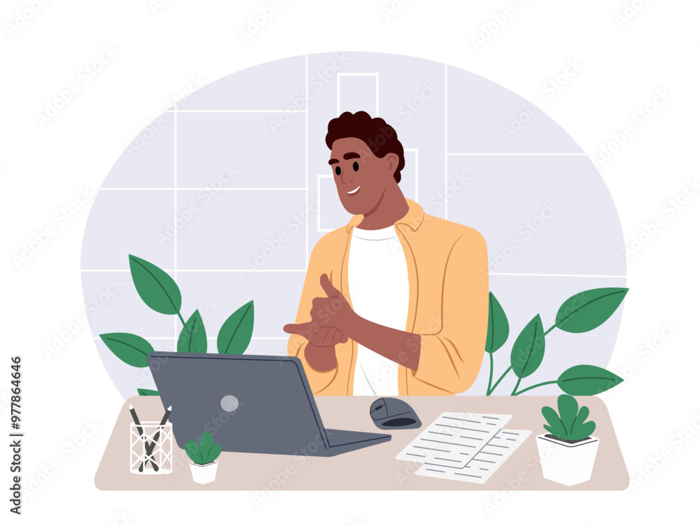 Fototapete freelancer working remotely using laptop for work. a man sits at a desk at a comfortable workplace. 