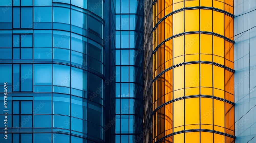 Canvas Prints Modern glass facade of a high-rise building under an evening sky showcasing urban architecture