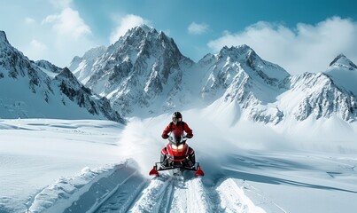 An adventurous person snowmobiling through a vast, snow-covered mountains