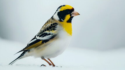 A charming goldfinch standing on a white background with copy space, its feathers bright yellow