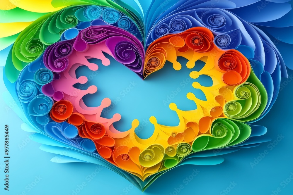 Poster a rainbow colored heart surrounded by vibrant abstract fractal shapes symbolizing diversity unity lo