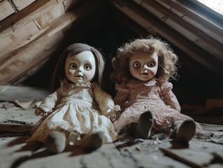 Two porcelain dolls with eerie expressions sit in a dusty attic