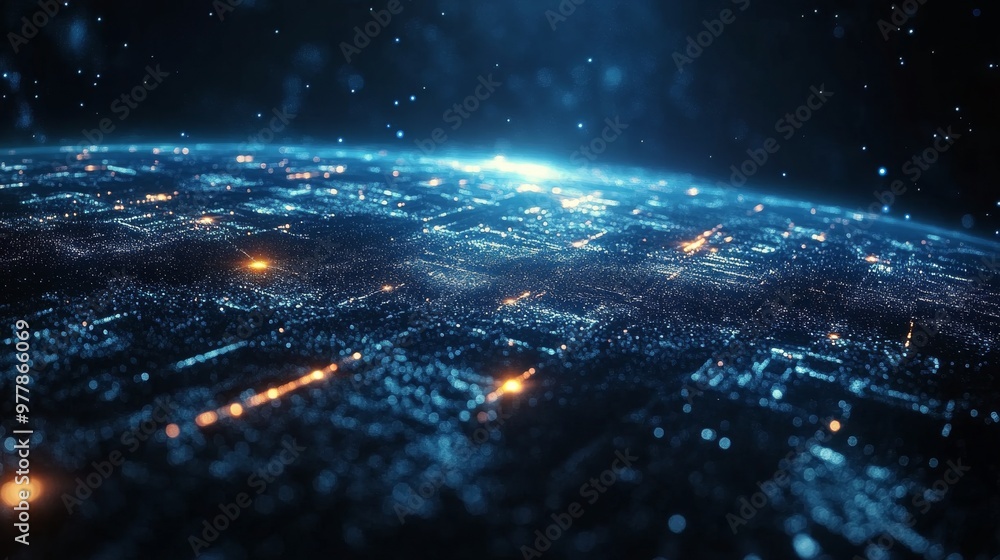 Aufkleber digital globe illuminated by vibrant blue and orange data flows in a high-tech space environment