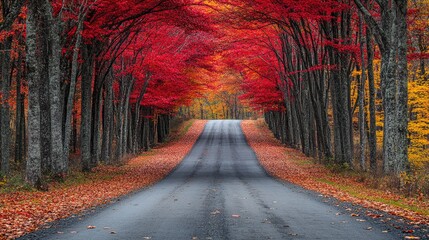 Serene road lined with red maple trees in autumn