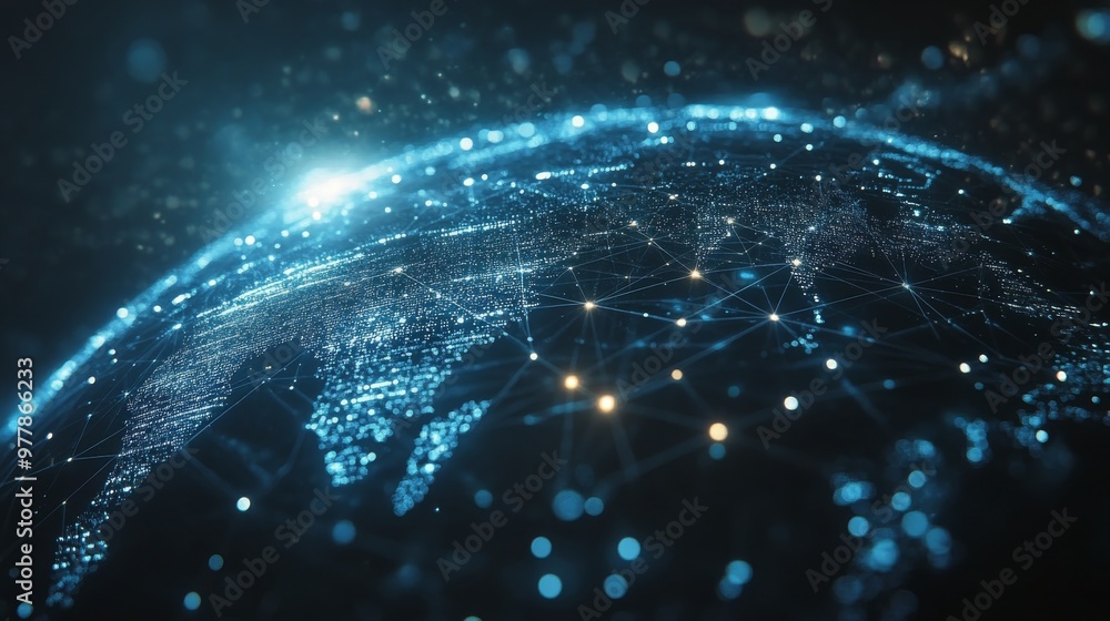 Poster digital globe illuminated by vibrant blue and orange data flows in a high-tech space environment