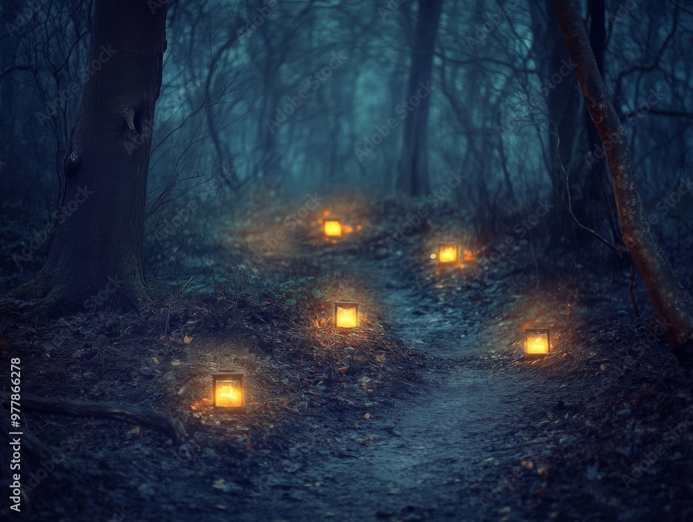Poster a path lit by lanterns through a misty forest