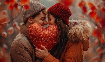 Romantic moment, couple with a big red heart in valentine photoshoot