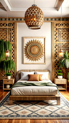 Fototapeta premium Ethnic style bedroom interior background, 3d render, white Mock up frame