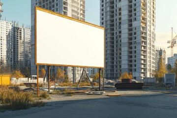 Construction site photography featuring blank signboard for multi storey building project
