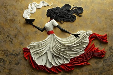 Minimalist Durga Puja Banner with Paper-Cut Dhunuchi Dance Figure on Textured Golden Background