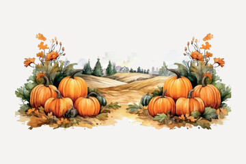Autumn pumpkins countryside watercolor illustration