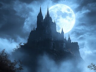 Naklejka premium A Silhouetted Castle Perched Upon a Cliffside Under a Full Moon