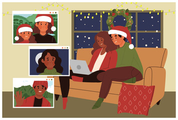 Pareja pasando navidad en el extranjero haciendo videollamada