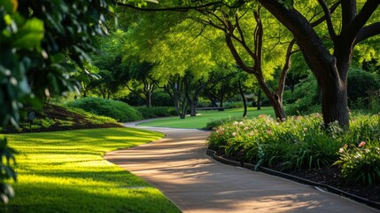 Fototapeta premium Serene Garden Path: A Winding Pathway Through Lush Greenery