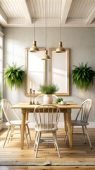 Fototapeta premium Dining room interior background, wall mockup, 3d render, white Mock up frame